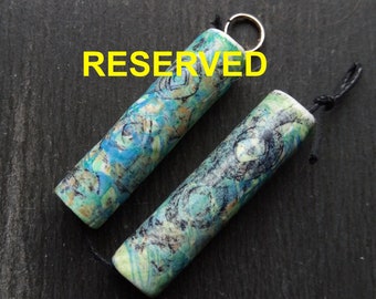 RESERVED for Kelly - 2 Distressed Abstract image, Blue, green and black, Printed/stamped, Polymer clay wrapped, Wood core, Rustic Tube beads