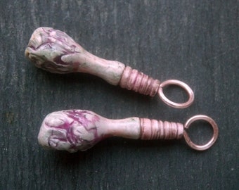 2 Textured, Turned look, Primitive style, Rustic drop beads or charms, A pair of Purple and grey, Artisan earring charms