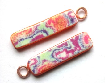 2 Long Rectangle, Image transfer, Organic pattern, Rustic Drop charms in Orange, green, purple, blue and white