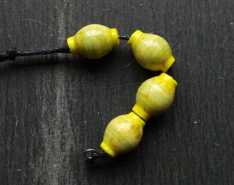 4, Simple, Oval, Polymer clay, Stripe painted, Rounded Tube beads in Yellow and green