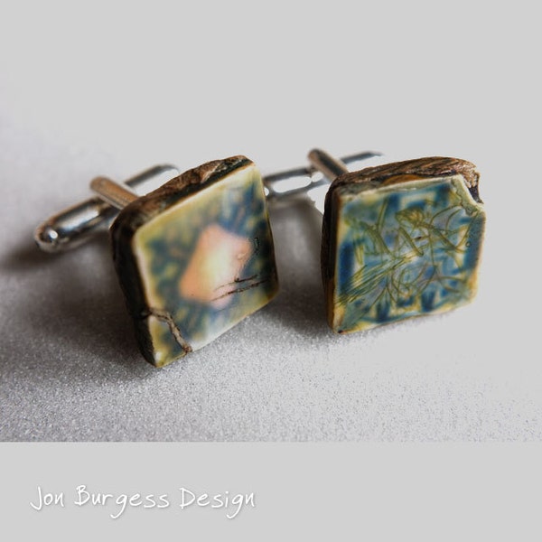 Rustic cufflinks, Geometric cufflinks, Green Blue white, Square cufflinks, Abstract cufflinks, Antiqued cufflinks, Boho Man jewelry