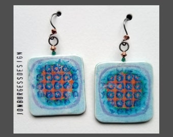 A pair of Large, Square, Polymer clay, Boho Tribal Style, Primitive, Abstract pattern Statement Earrings in Blue, orange and purple