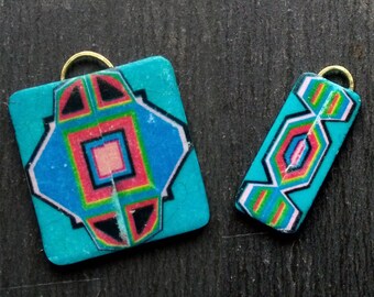 2 Square and Rectangular, Image transfer, Polymer clay and glass bead, Turquoise blue green and red, Symmetrical Geometric pattern Charms