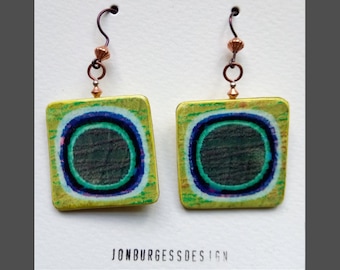 Two Square, Polymer clay, Boho Tribal Style, Primitive, Organic Abstract Dot pattern Statement Earrings in Green, grey, purple and off white