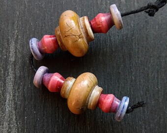 2 Large, Chunky, Stripe Painted, Turned look, Rounded bicone Spindle beads in Brown, Pink and Purple.
