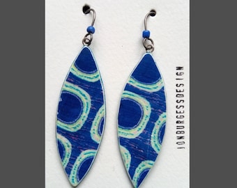 A pair of Long, Polymer clay, Image transfer, Organic Abstract, Dot pattern, Oval shape Earrings in Blue, pink, green and white