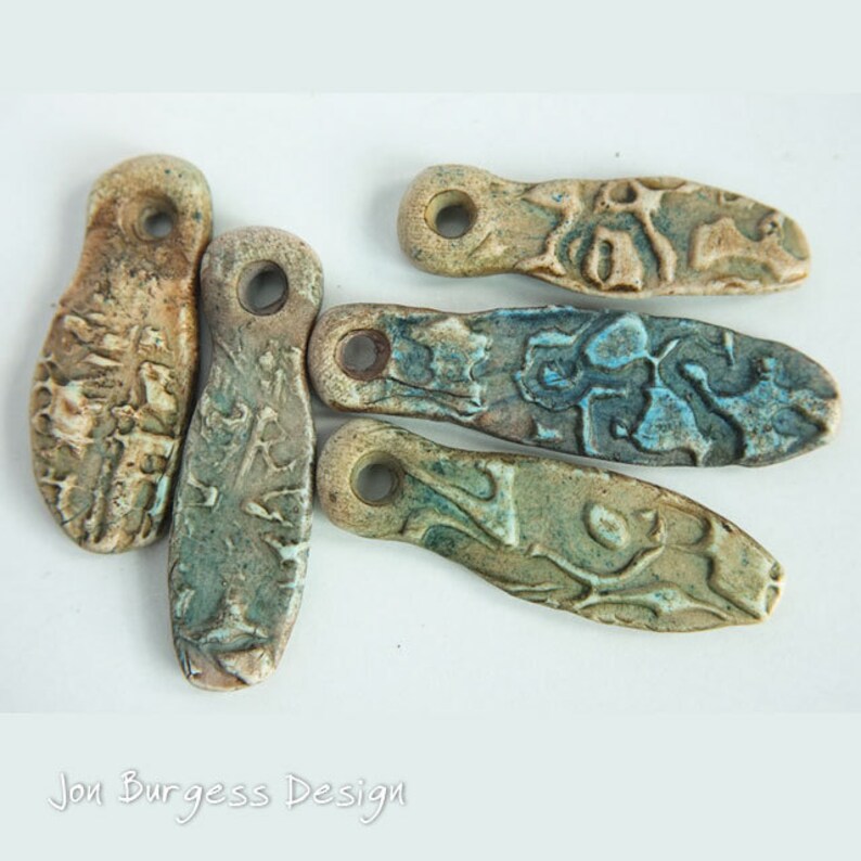 Rustic polymer charms, 5 Primitive drops, Green brown blue, Rough ethnic beads, Organic earring beads, Texture charms, Boho clay charms