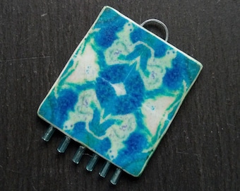 One Single, Square, Abstract, Organic Symmetrical, Image Polymer clay Large Tile bead, Industrial Boho Focal in Turquoise, blue and white