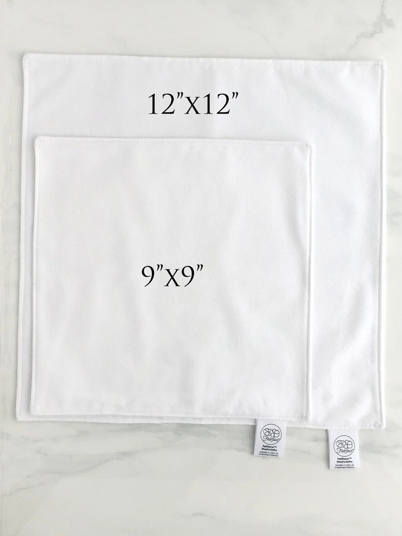 White cotton flannel face cloths sizes 9x9 and 12x12 soft for sensitive skin and rosacea