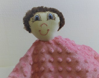 Handmade doll, hand-embroidered, baby's first toy, gift from grandparent, blanket doll, pink