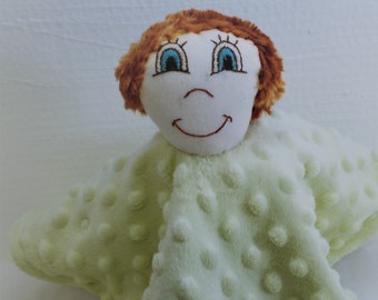 Handmade doll, hand-embroidered, baby's first toy, gift from grandparent, blanket doll, green