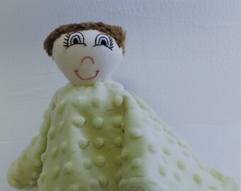 Handmade doll, hand-embroidered, baby's first toy, gift from grandparent, blanket doll, green