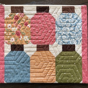 May include: A quilted pouch featuring six colorful spools of thread. The spools are in shades of orange, pink, blue, and green, with floral and geometric patterns. The pouch has a pink border and a silver zipper.
