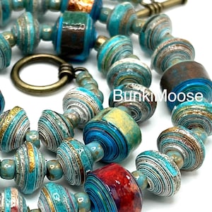 Paper bead necklace, turquoise multi-colored with gold leaf accent beaded necklace