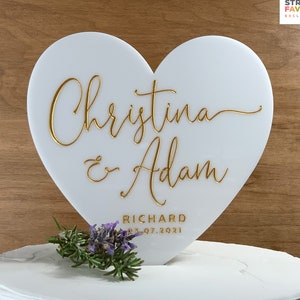 Heart Cake Topper, Wedding Cake Topper, White Acrylic Cake Topper with Script Names, Etched Heart Cake Topper - #9715