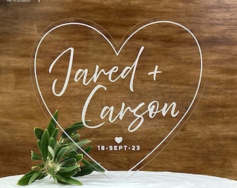 Heart Cake Topper, Wedding Cake Topper, Acrylic Cake Topper with Script Names, Etched Heart Cake Topper - 1636