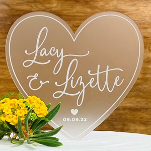 Frosted Acrylic Heart Wedding Cake Topper with Script Names Wedding Gift, Bridal Shower Gift By Taylor Street Favors 1636F image 1