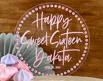 Sweet 16 Birthday Cake Topper, Round Acrylic Sweet Sixteen – includes Rhinestone Border - Pink, Gold, Silver, White, Black, Red - 2598