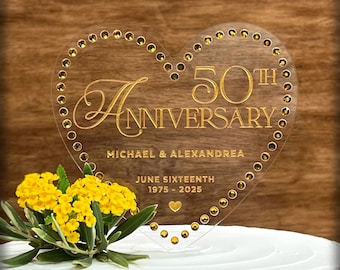 Personalized 50th Anniversary Cake Topper with Rhinestones, Golden Keepsake for Wedding Anniversary Celebration