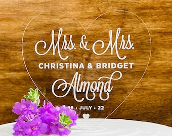 Heart Cake Topper, Wedding Cake Topper, Acrylic Cake Topper with Script Names, Gay Wedding Cake Topper, Lesbian Wedding Cake Topper - 9958