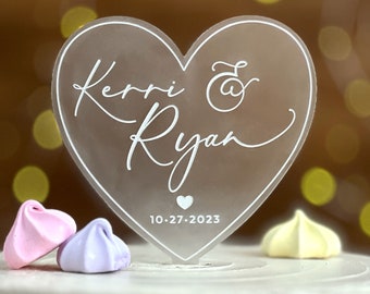 Frosted Acrylic Heart Wedding Cake Topper with Script Names | Wedding Gift, Bridal Shower Gift | By Taylor Street Favors | 1636F