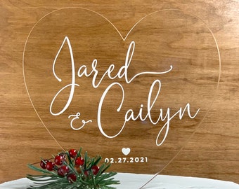 Heart Cake Topper, Wedding Cake Topper, Acrylic Cake Topper with Script Names, Etched Heart Cake Topper - 9239