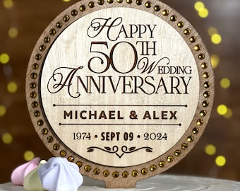 50th Wedding Anniversary Cake Topper with Gold Rhinestone Border  |  Wood, Rustic, Round | By Taylor Street Favors | 7972