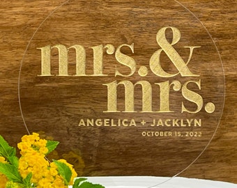 Mrs. & Mrs. Wedding Cake Topper Personalized with Names and Date | Round Acrylic Keepsake | By Taylor Street Favors | 9774