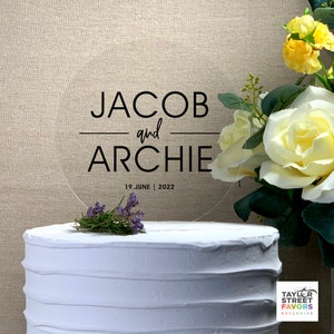 Wedding Cake Topper Personalized with Names & Date | Round Acrylic Keepsake | By Taylor Street Favors | 4123