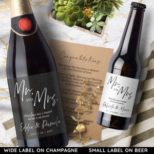 Mr & Mrs Wine Bottle Labels for Wedding, Wedding Wine Bottle Labels for The Bride and Groom 6943 Wide BLK w/ WHT Text