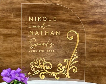 Floral Half Arch Wedding Cake Topper: Engraved Acrylic Keepsake