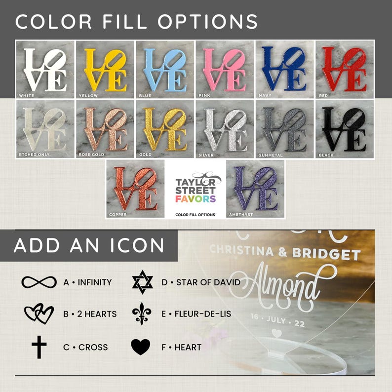 May include: Options for wedding favors, including various colors of the word "LOVE" and icons. Colors include white, yellow, blue, pink, navy, and red. Icons include infinity, hearts, a cross, a Star of David, a fleur-de-lis, and a heart.