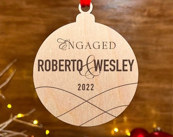 Personalized Christmas Ornament, First Christmas Engagement Gift, Wood, Clear or Frosted Acrylic Christmas Keepsake - 9976W