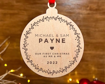 Personalized Rustic Wreath Christmas Ornament, Engaged First Christmas, Etched Wood Christmas Keepsake Gift – 9619W