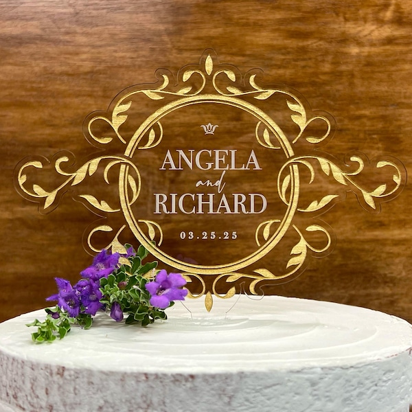 Adorno de boda personalizado de estilo vintage, decoración nupcial personalizada, adorno de aniversario de acrílico, adorno para pastel