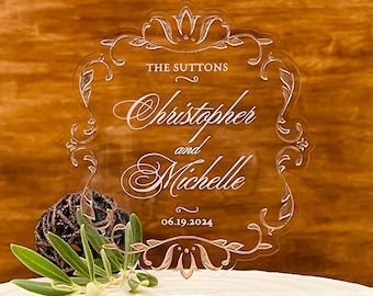 Personalized Wedding Cake Topper: Vintage Scroll Frame, Acrylic Keepsake