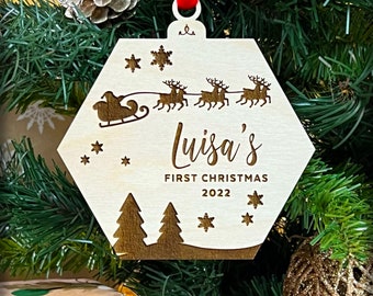 Personalized Christmas Ornament, First Christmas Tree Laser Cut Wood Christmas Keepsake Gift with Santa – 7985W