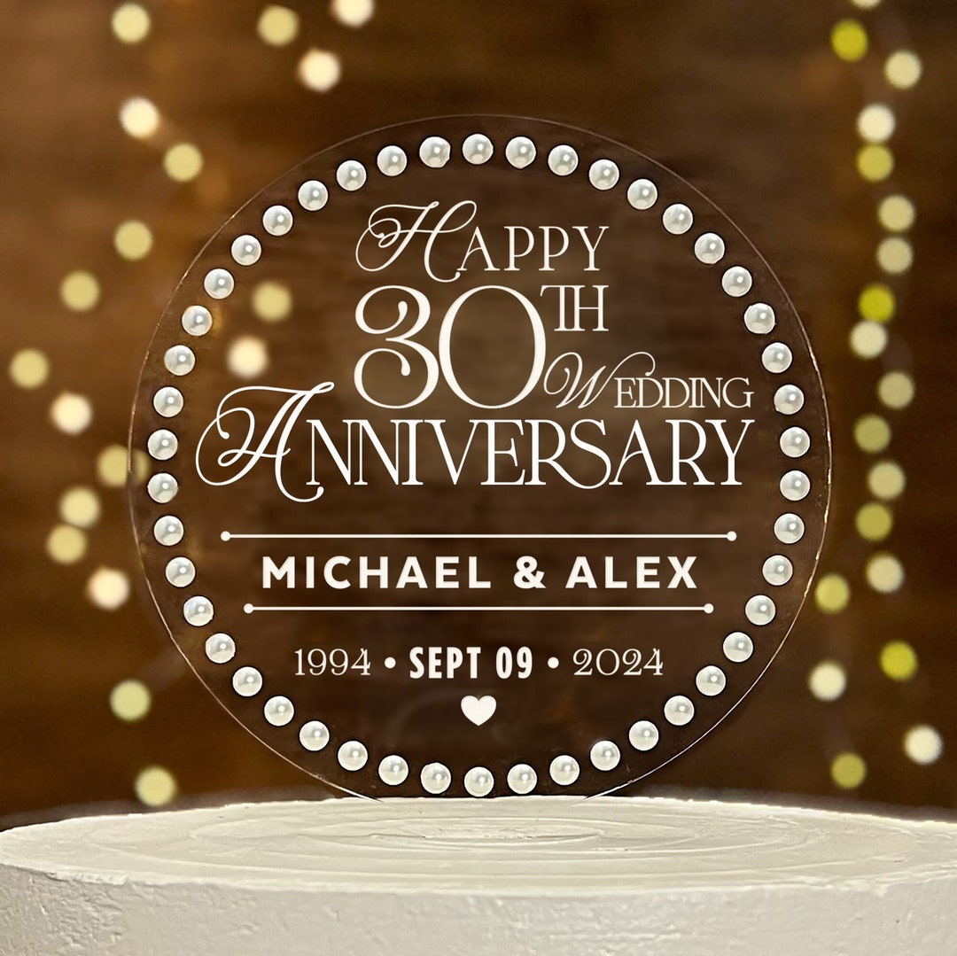 30th Wedding Anniversary Cake Topper With Pearl Border Acrylic, Pearl