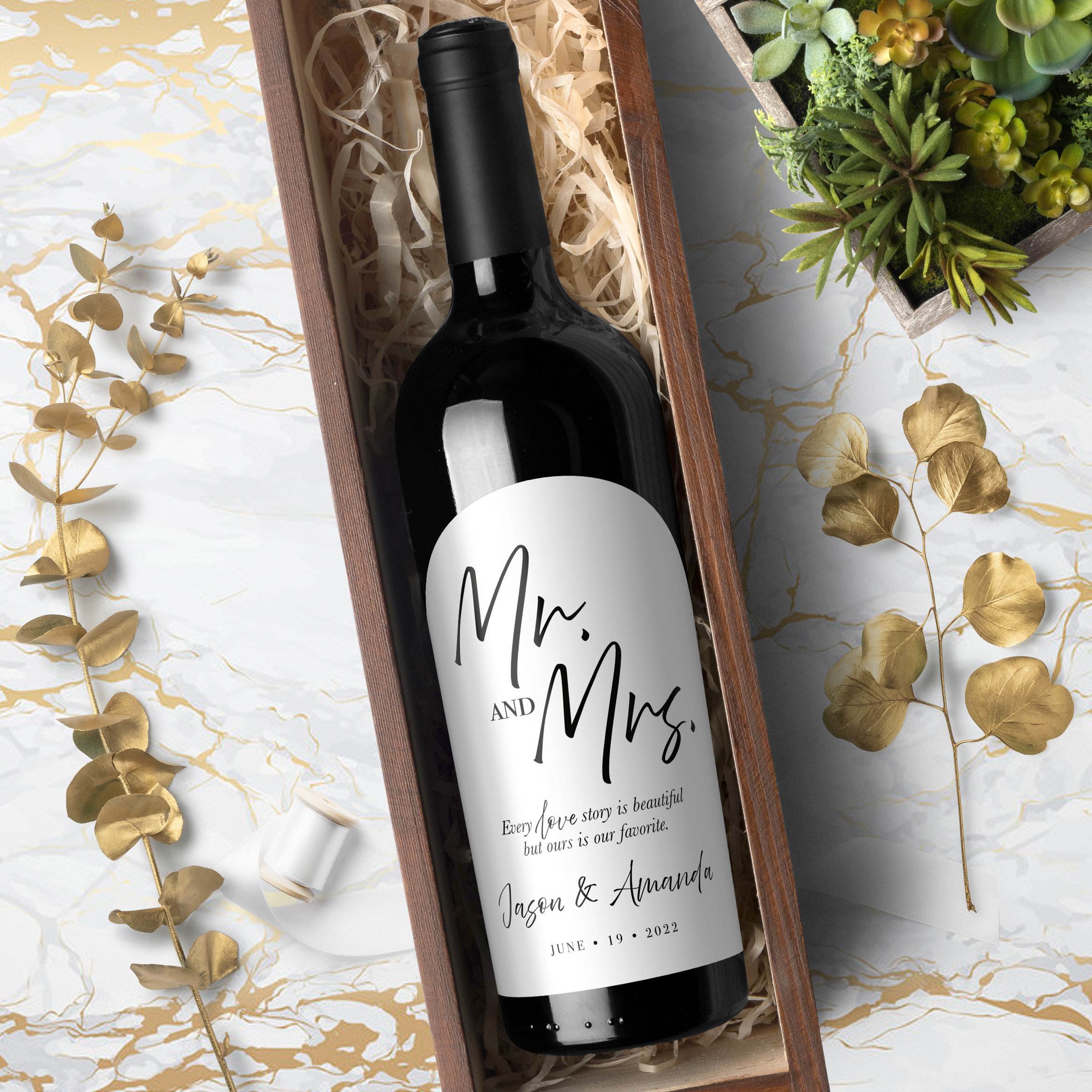 Mr & Mrs Wine Bottle Labels for Wedding, Wedding Wine Bottle Labels for The Bride and Groom | White and Black Wedding Labels | 6943W