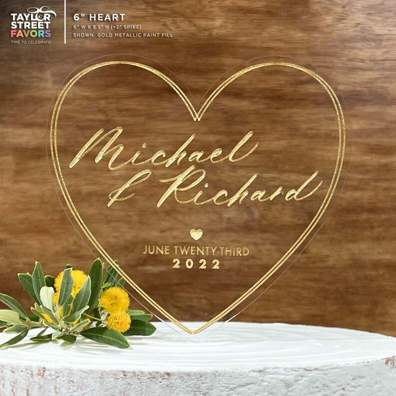 Heart Cake Topper with metallic gold lettering and border