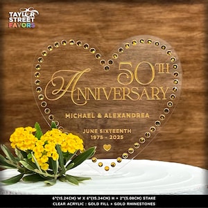 50th Anniversary Cake Topper with Names and Rhinestones Golden Anniversary Keepsake By Taylor Street Favors 4675 image 2