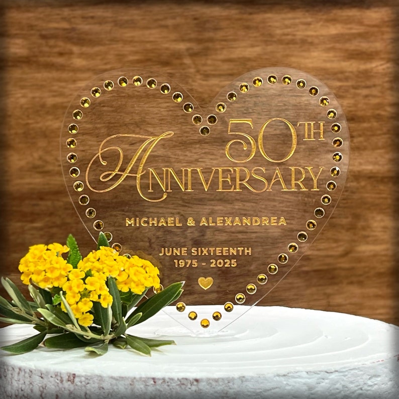 50th Anniversary Cake Topper with Names and Rhinestones Golden Anniversary Keepsake By Taylor Street Favors 4675 image 1