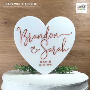 Heart Cake Topper, Wedding Cake Topper, White Acrylic Cake Topper with Script Names, Etched Heart Cake Topper 9715 image 2