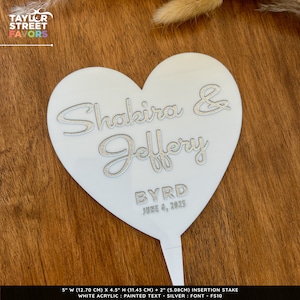 Heart Cake Topper, Wedding Cake Topper, White Acrylic Cake Topper with Script Names, Etched Heart Cake Topper 9715 image 3