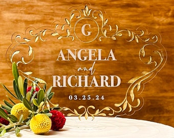 Personalized Gold Acrylic Wedding Cake Topper: Vintage Scroll Design
