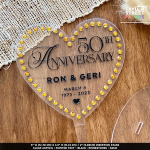 50th Anniversary Cake Topper with Names and Rhinestones Golden Anniversary Keepsake By Taylor Street Favors 4675 image 7