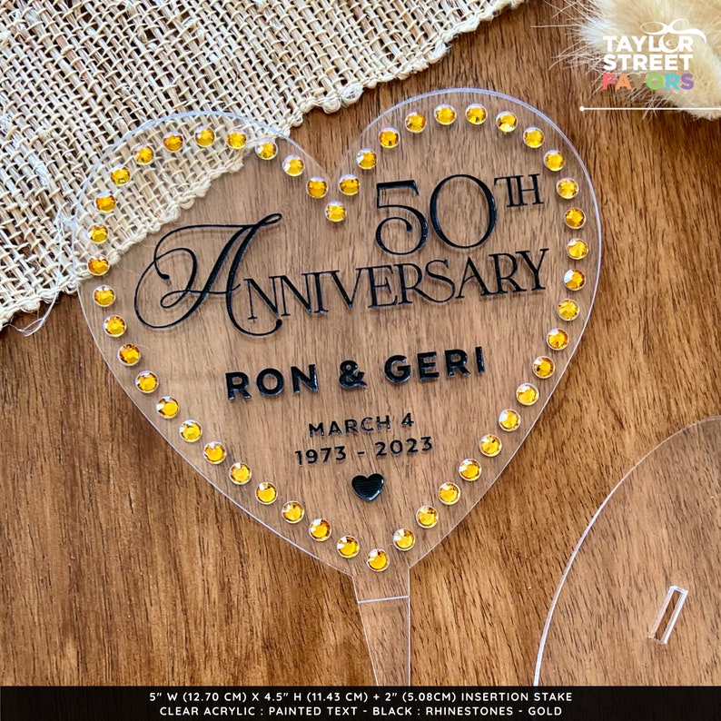 50th Anniversary Cake Topper with Names and Rhinestones Golden Anniversary Keepsake By Taylor Street Favors 4675 image 7