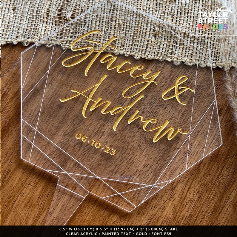 Geometric Acrylic Wedding Cake Topper with Two Engraved Names, Custom Cake Topper, Anniversary Cake Topper 5787 image 2
