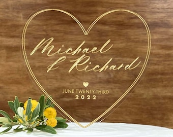 Personalized Heart Wedding Cake Topper: Script Names, Acrylic Keepsake