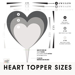 May include: A diagram of heart-shaped cake toppers in three sizes: 6" wide, 5" wide, and 4" wide. Each heart is layered in shades of gray. The diagram includes measurements in inches and centimeters, and text that reads "Heart Topper Sizes."